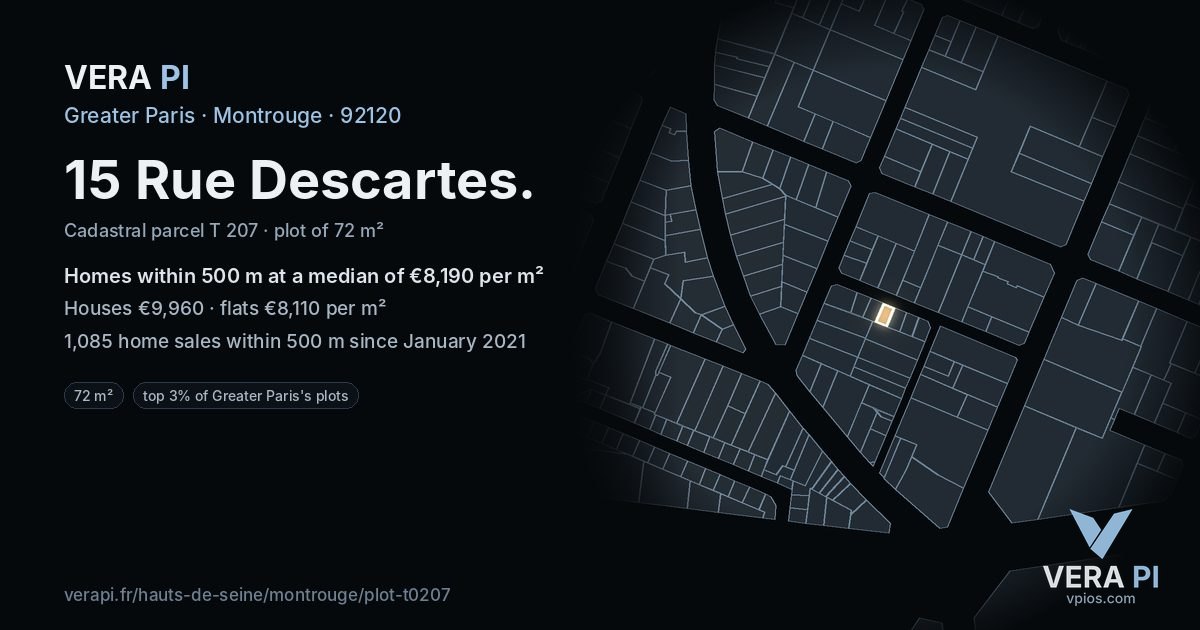 15 Rue Descartes, Montrouge at night – the plot lit, the parcels around coloured by the prices near them