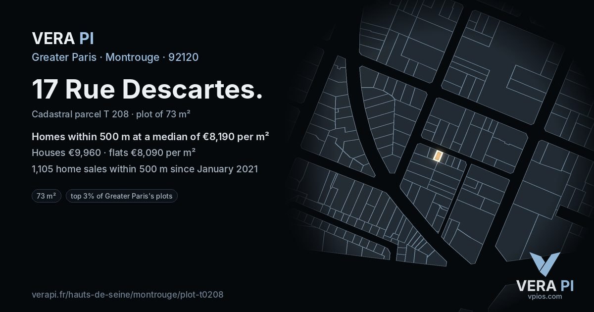 17 Rue Descartes, Montrouge at night – the plot lit, the parcels around coloured by the prices near them