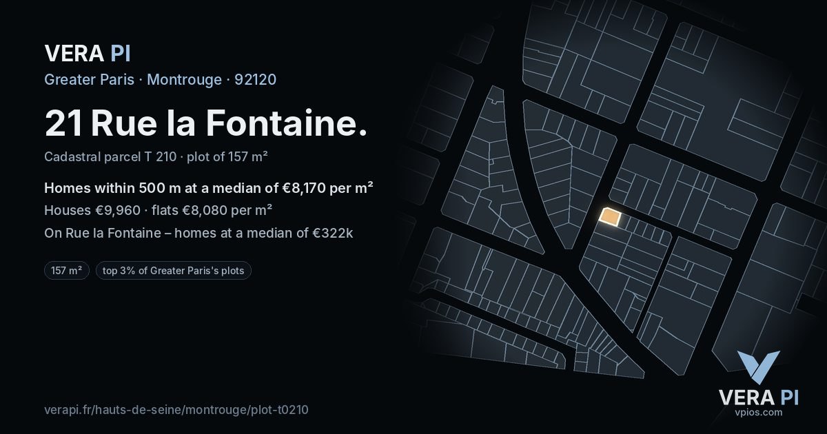21 Rue la Fontaine, Montrouge at night – the plot lit, the parcels around coloured by the prices near them