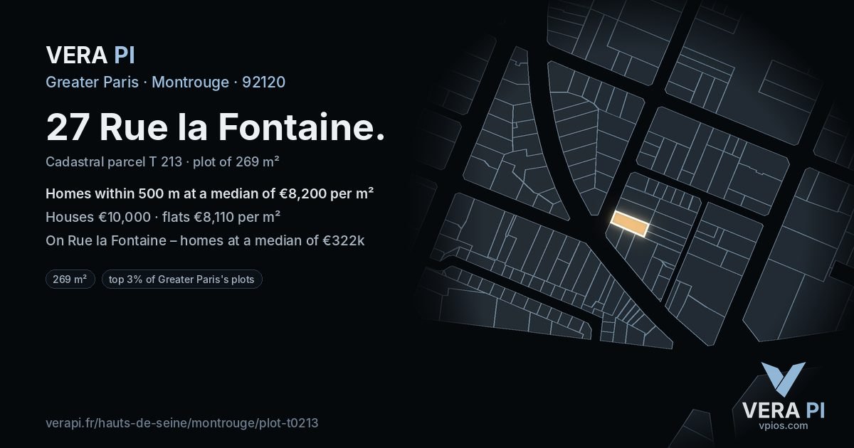 27 Rue la Fontaine, Montrouge at night – the plot lit, the parcels around coloured by the prices near them