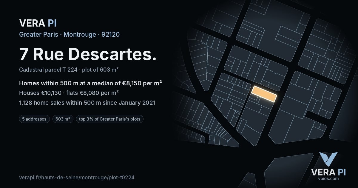 7 Rue Descartes, Montrouge at night – the plot lit, the parcels around coloured by the prices near them