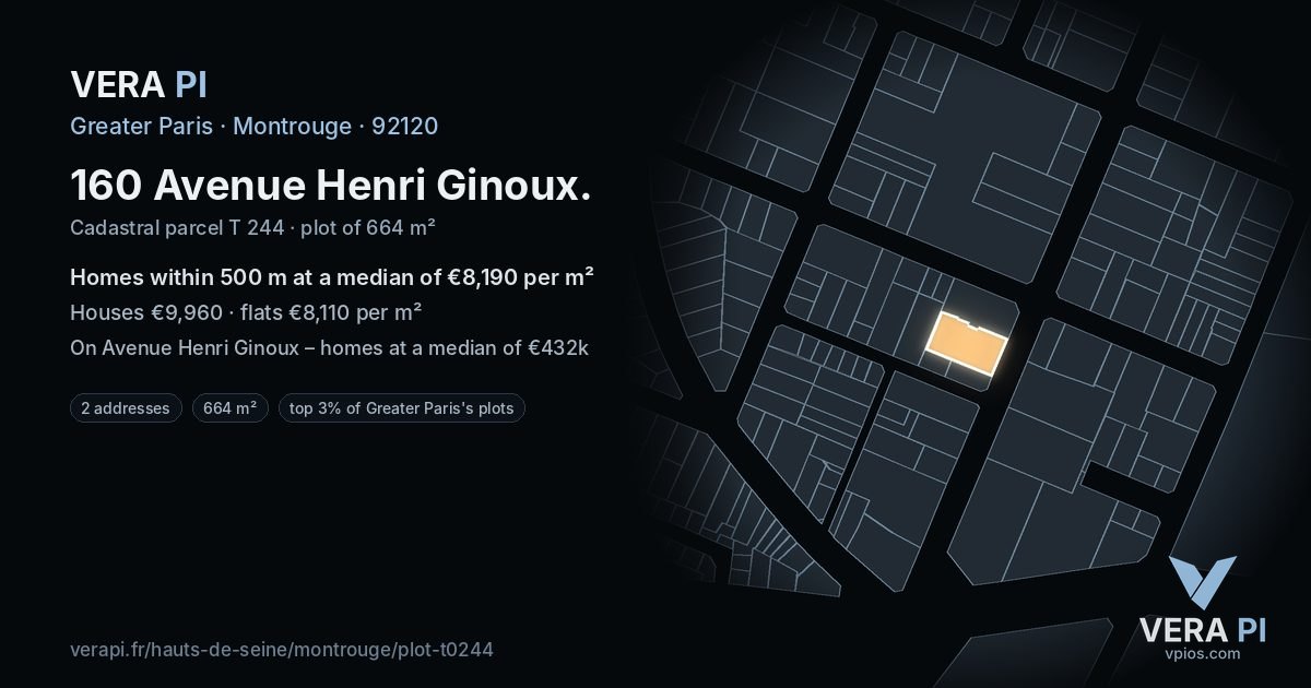 160 Avenue Henri Ginoux, Montrouge at night – the plot lit, the parcels around coloured by the prices near them