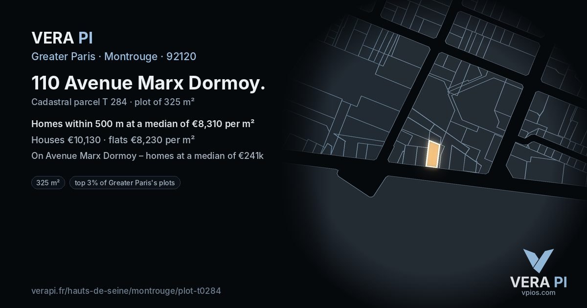 110 Avenue Marx Dormoy, Montrouge at night – the plot lit, the parcels around coloured by the prices near them