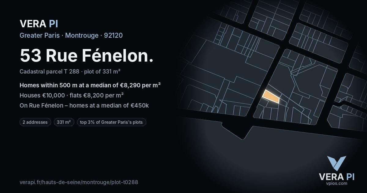 53 Rue Fénelon, Montrouge at night – the plot lit, the parcels around coloured by the prices near them