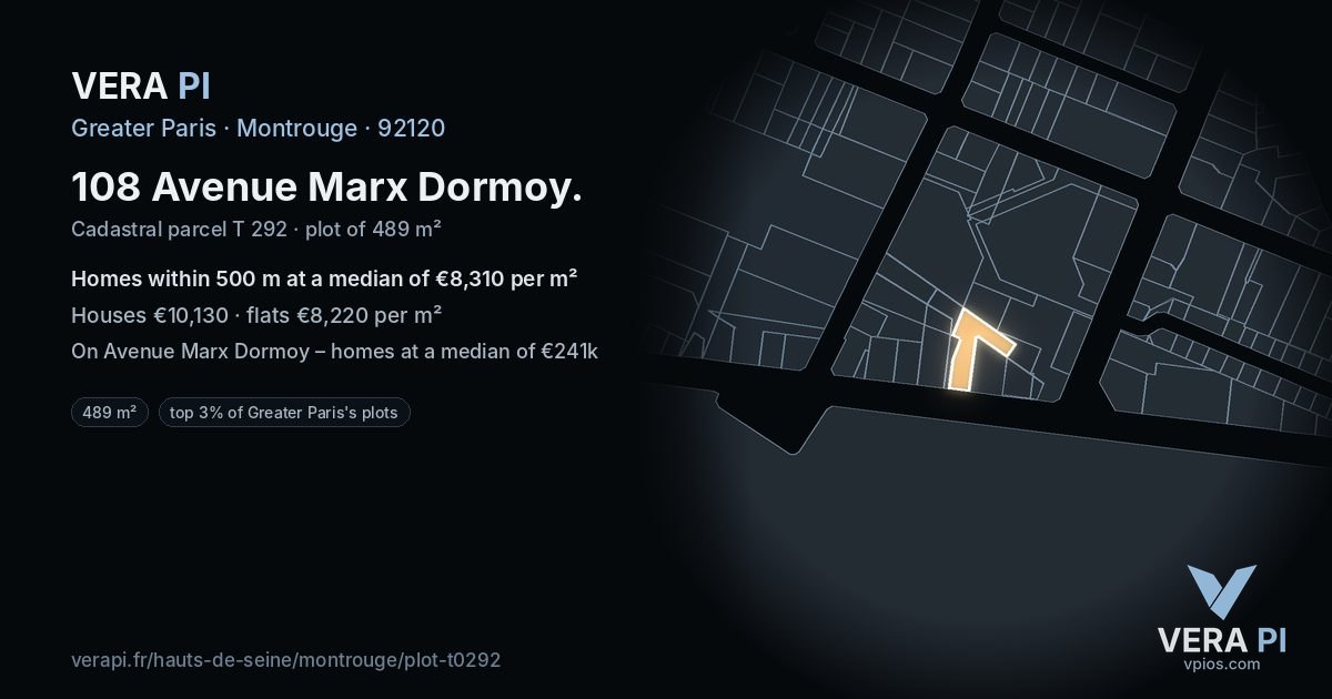 108 Avenue Marx Dormoy, Montrouge at night – the plot lit, the parcels around coloured by the prices near them