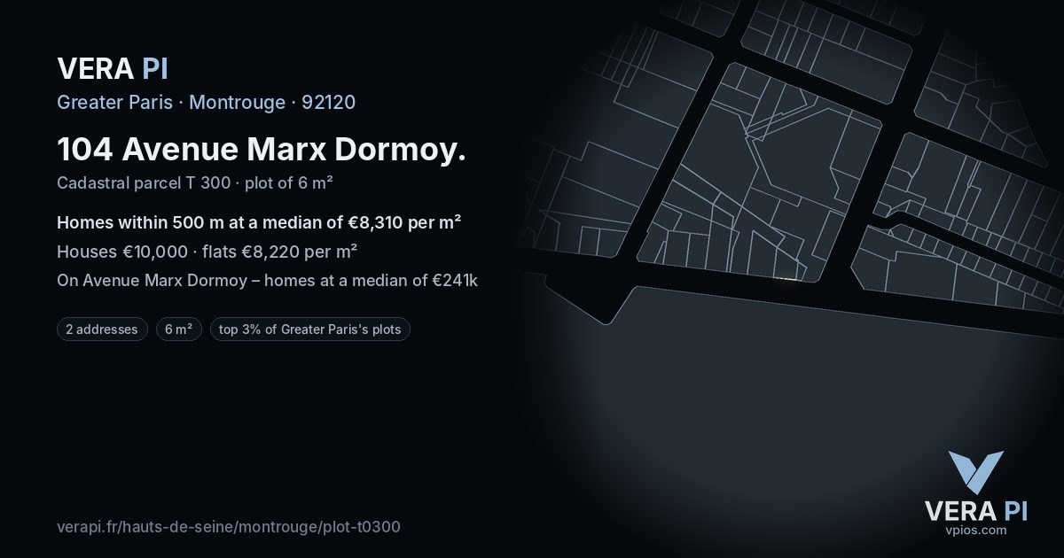 104 Avenue Marx Dormoy, Montrouge at night – the plot lit, the parcels around coloured by the prices near them