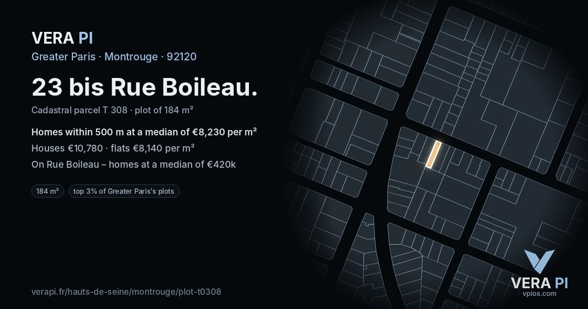 23 bis Rue Boileau, Montrouge at night – the plot lit, the parcels around coloured by the prices near them