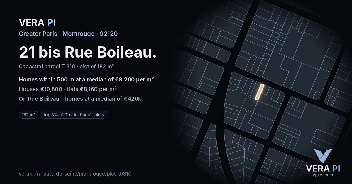 21 bis Rue Boileau, Montrouge at night – the plot lit, the parcels around coloured by the prices near them