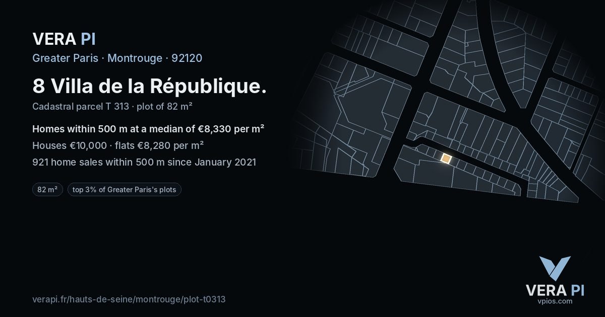 8 Villa de la République, Montrouge at night – the plot lit, the parcels around coloured by the prices near them