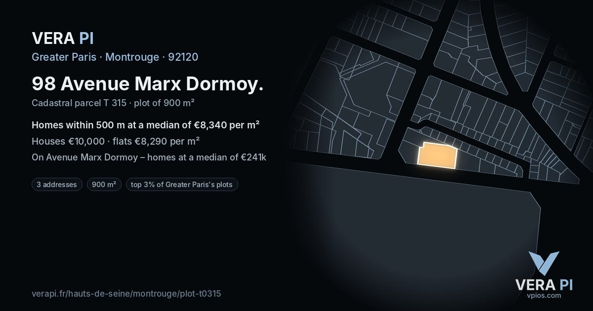 98 Avenue Marx Dormoy, Montrouge at night – the plot lit, the parcels around coloured by the prices near them