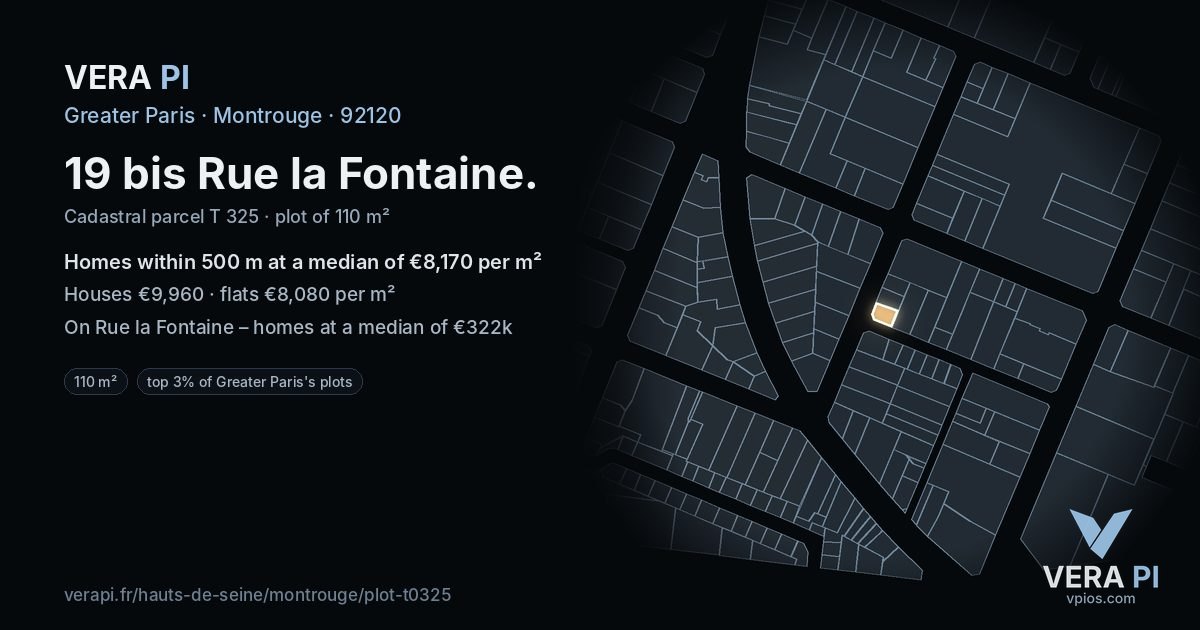 19 bis Rue la Fontaine, Montrouge at night – the plot lit, the parcels around coloured by the prices near them