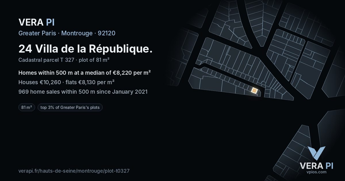 24 Villa de la République, Montrouge at night – the plot lit, the parcels around coloured by the prices near them
