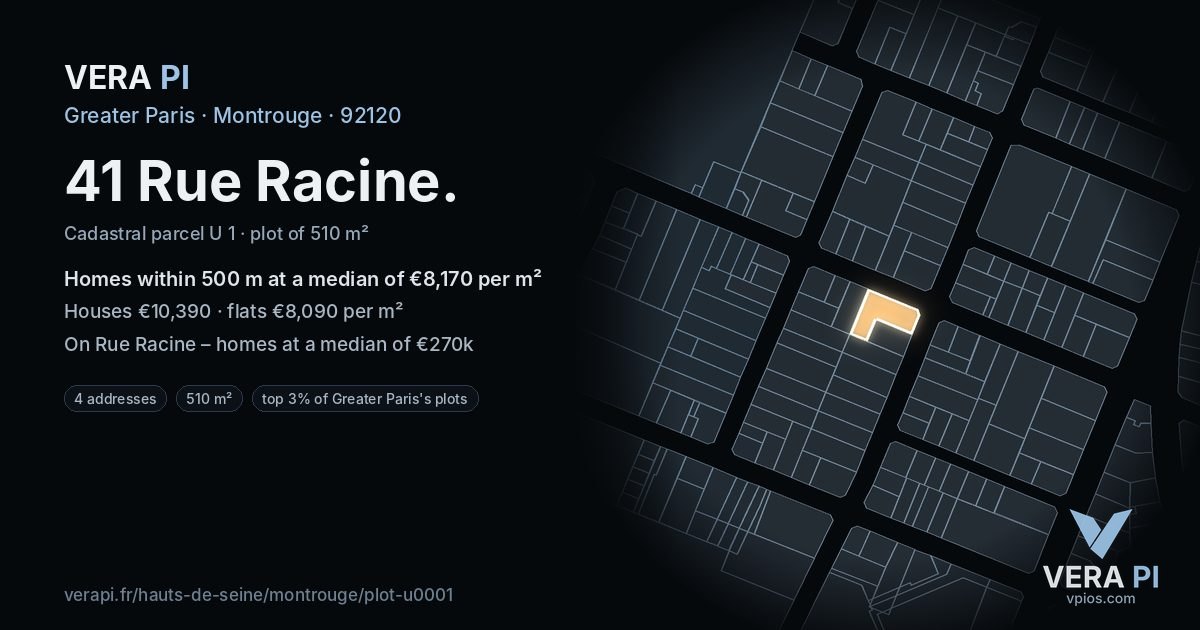 41 Rue Racine, Montrouge at night – the plot lit, the parcels around coloured by the prices near them