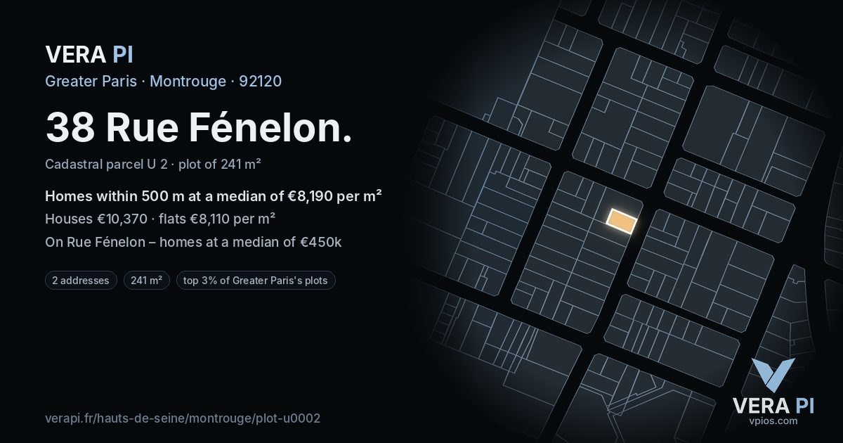 38 Rue Fénelon, Montrouge at night – the plot lit, the parcels around coloured by the prices near them