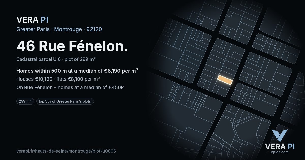 46 Rue Fénelon, Montrouge at night – the plot lit, the parcels around coloured by the prices near them