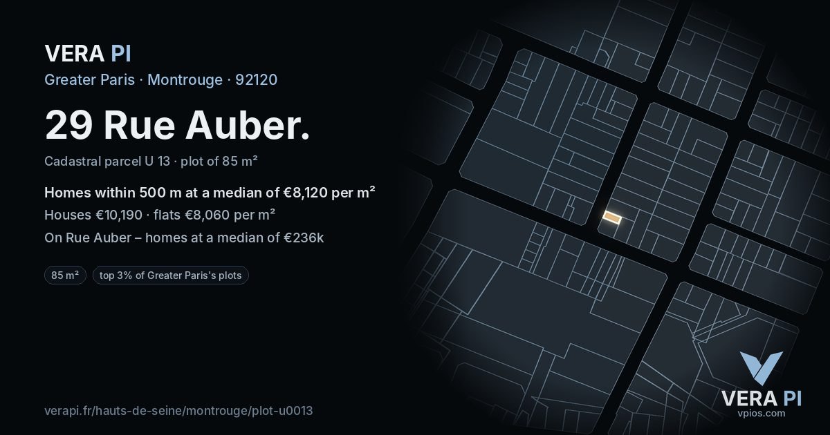 29 Rue Auber, Montrouge at night – the plot lit, the parcels around coloured by the prices near them