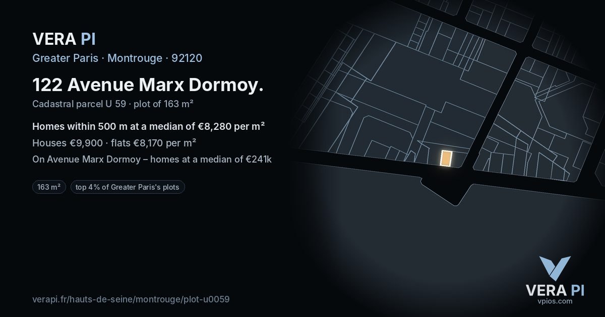 122 Avenue Marx Dormoy, Montrouge at night – the plot lit, the parcels around coloured by the prices near them