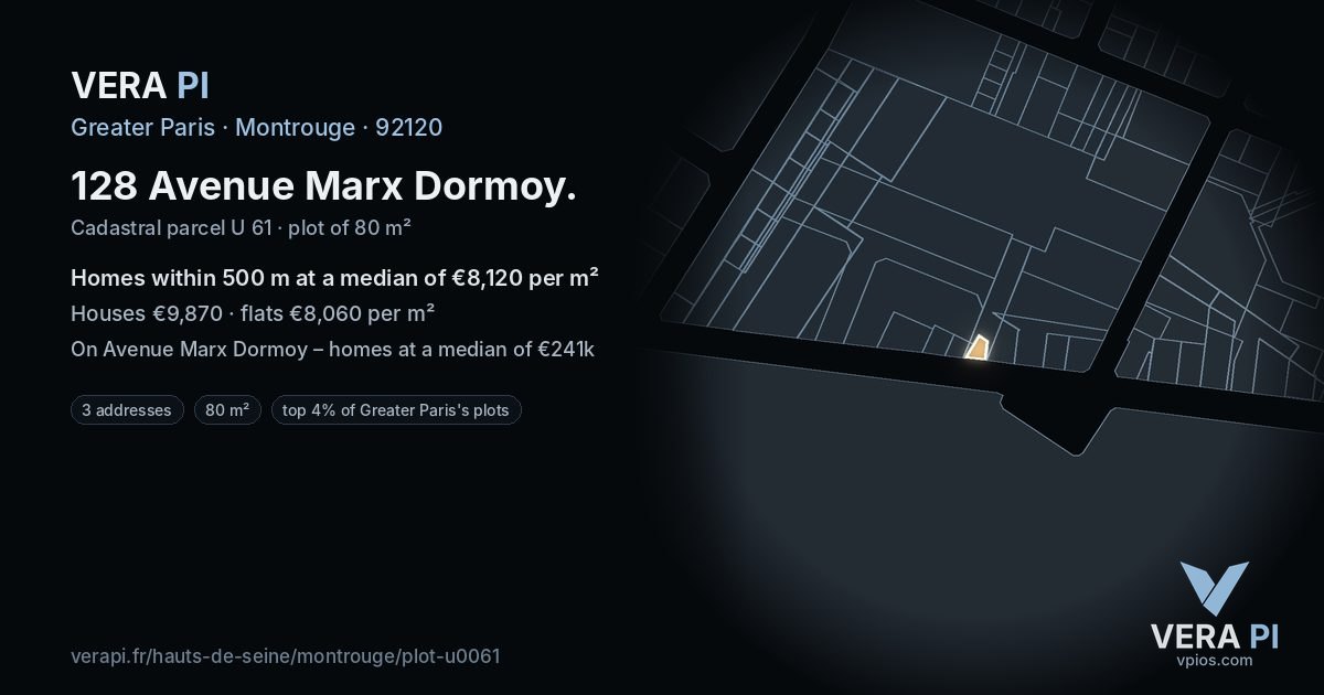 128 Avenue Marx Dormoy, Montrouge at night – the plot lit, the parcels around coloured by the prices near them