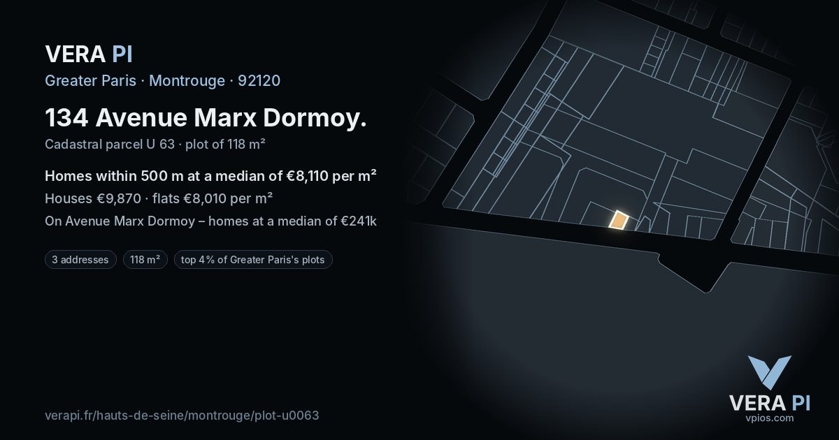 134 Avenue Marx Dormoy, Montrouge at night – the plot lit, the parcels around coloured by the prices near them