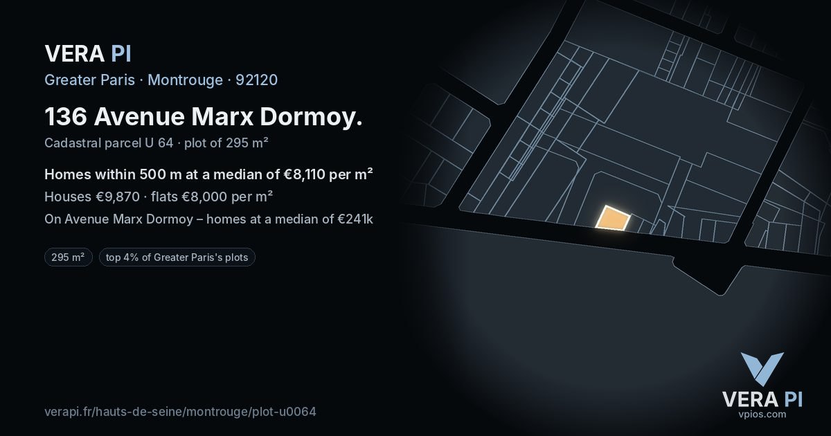 136 Avenue Marx Dormoy, Montrouge at night – the plot lit, the parcels around coloured by the prices near them