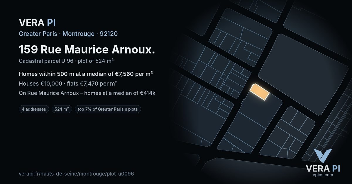 159 Rue Maurice Arnoux, Montrouge at night – the plot lit, the parcels around coloured by the prices near them