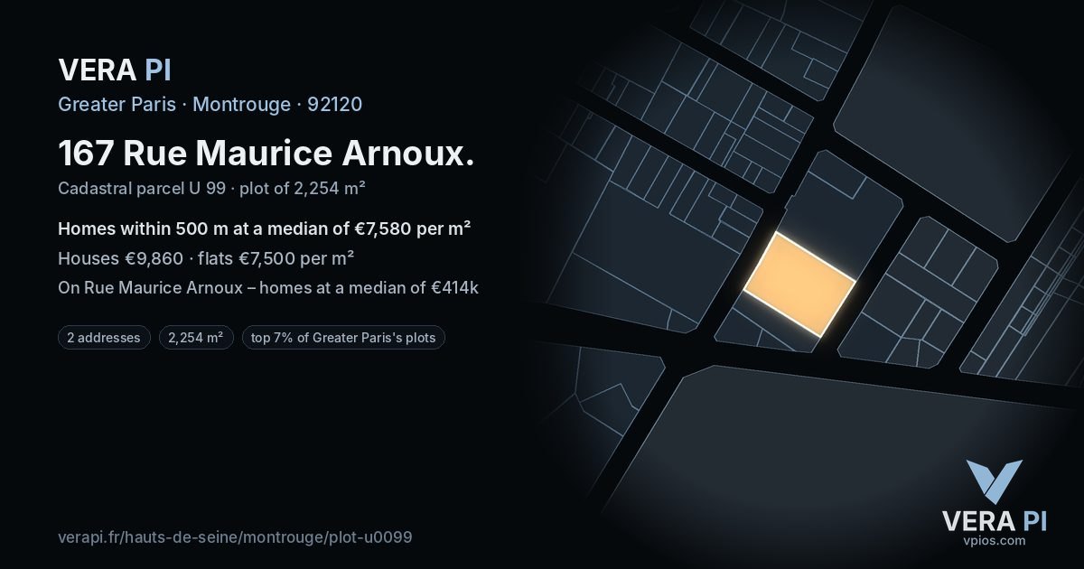 167 Rue Maurice Arnoux, Montrouge at night – the plot lit, the parcels around coloured by the prices near them