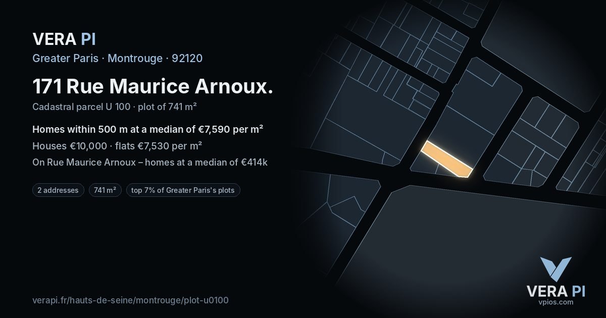 171 Rue Maurice Arnoux, Montrouge at night – the plot lit, the parcels around coloured by the prices near them