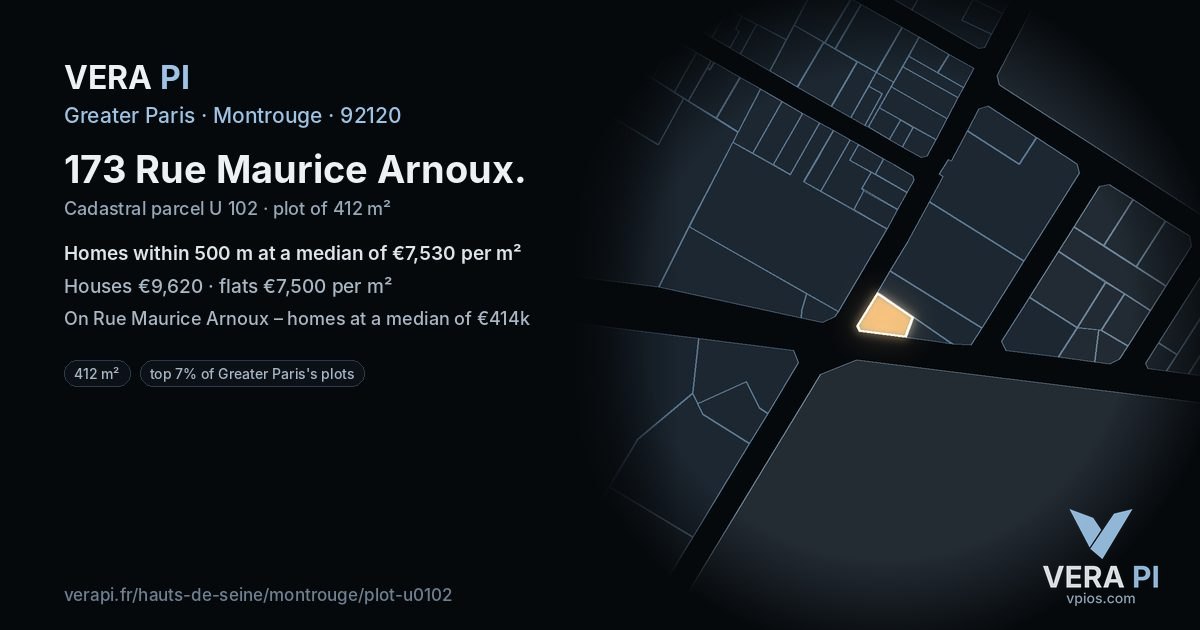 173 Rue Maurice Arnoux, Montrouge at night – the plot lit, the parcels around coloured by the prices near them