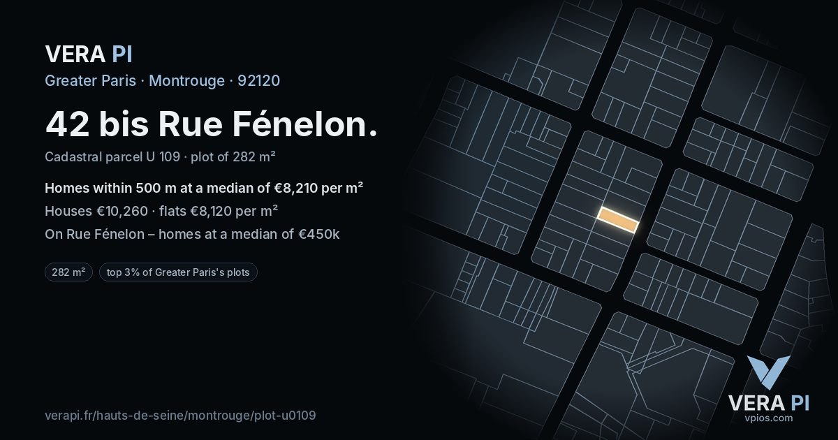 42 bis Rue Fénelon, Montrouge at night – the plot lit, the parcels around coloured by the prices near them