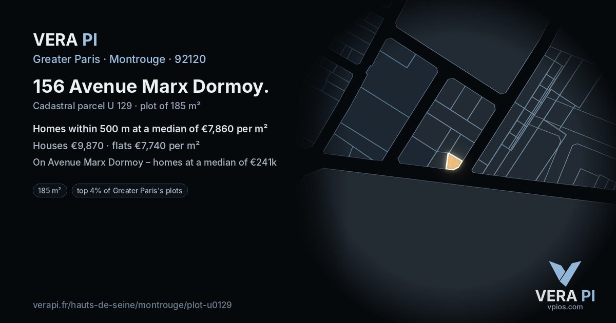 156 Avenue Marx Dormoy, Montrouge at night – the plot lit, the parcels around coloured by the prices near them