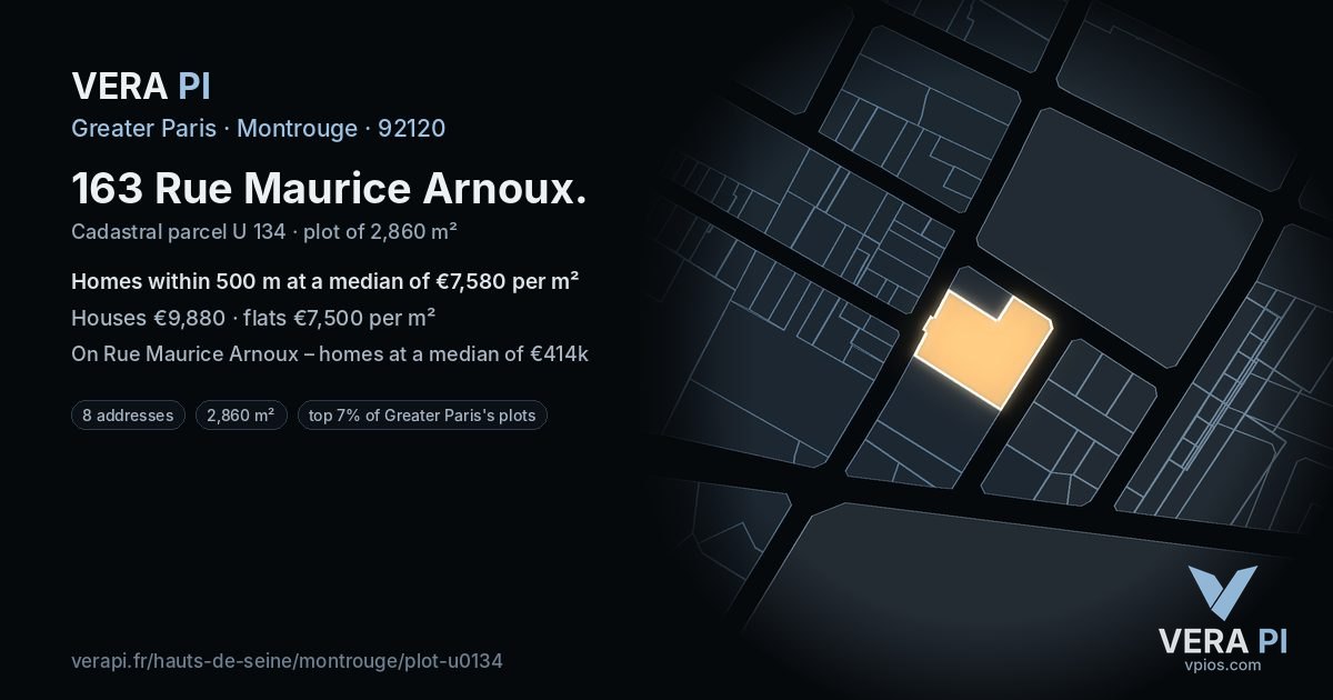 163 Rue Maurice Arnoux, Montrouge at night – the plot lit, the parcels around coloured by the prices near them