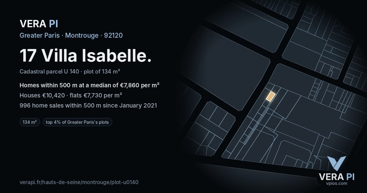 17 Villa Isabelle, Montrouge at night – the plot lit, the parcels around coloured by the prices near them