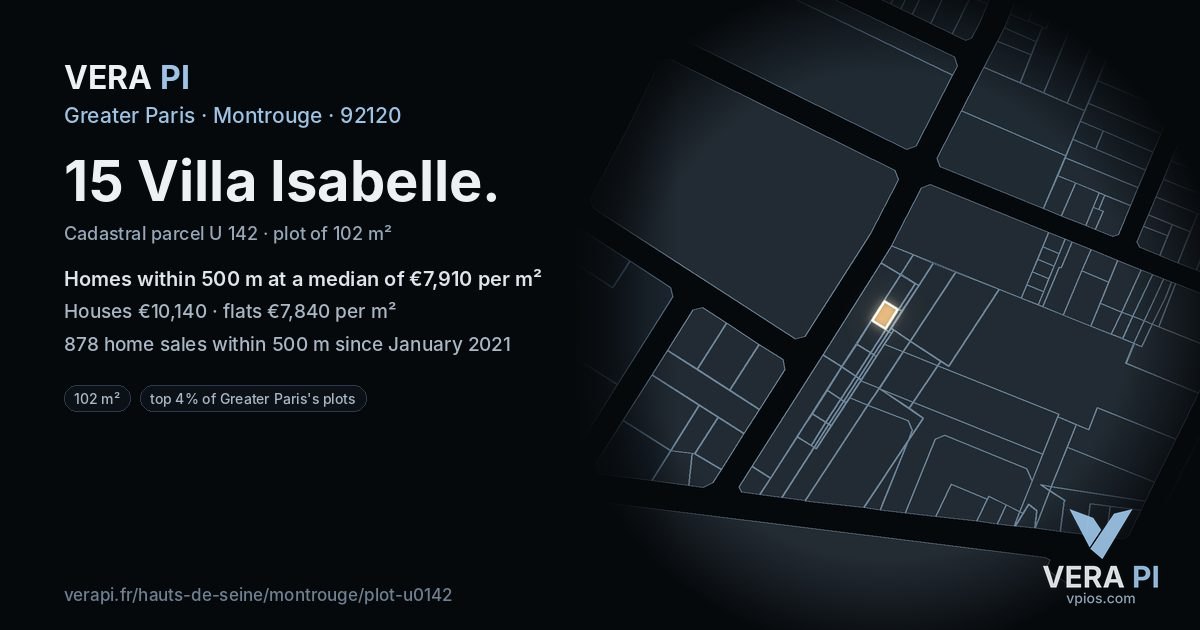 15 Villa Isabelle, Montrouge at night – the plot lit, the parcels around coloured by the prices near them