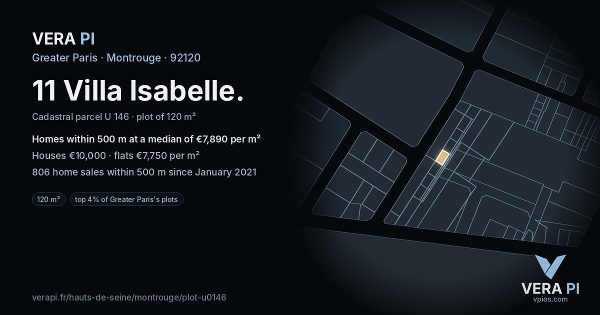 11 Villa Isabelle, Montrouge at night – the plot lit, the parcels around coloured by the prices near them