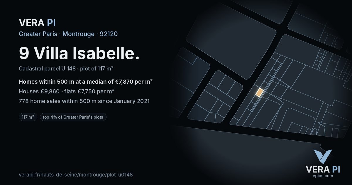 9 Villa Isabelle, Montrouge at night – the plot lit, the parcels around coloured by the prices near them