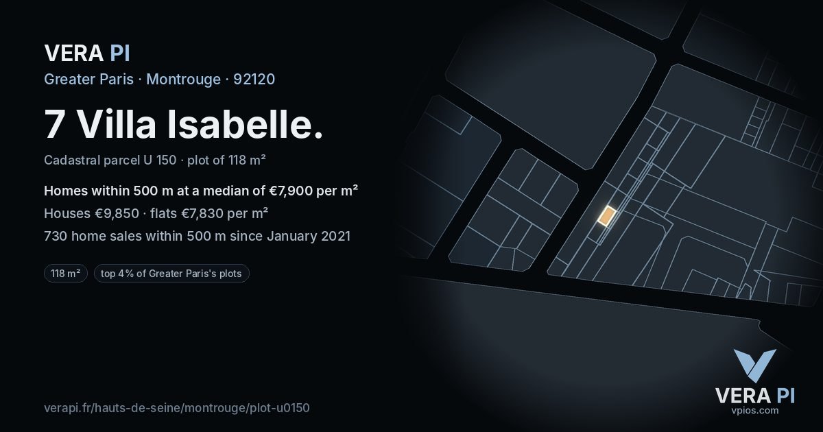 7 Villa Isabelle, Montrouge at night – the plot lit, the parcels around coloured by the prices near them