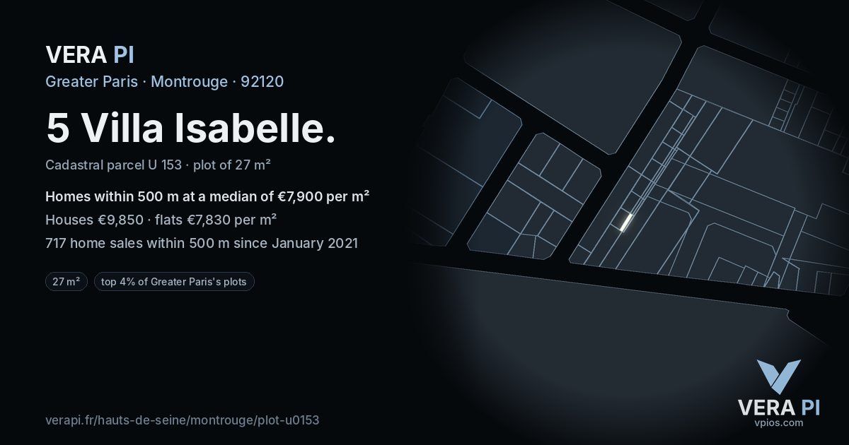 5 Villa Isabelle, Montrouge at night – the plot lit, the parcels around coloured by the prices near them