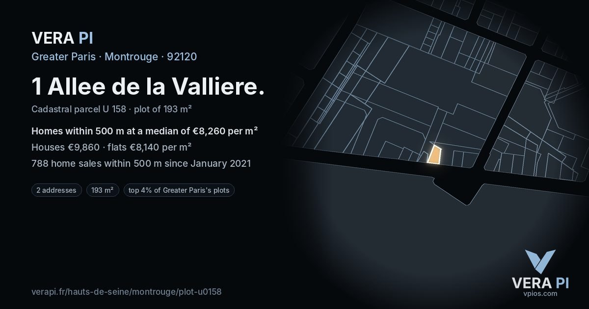 1 Allee de la Valliere, Montrouge at night – the plot lit, the parcels around coloured by the prices near them