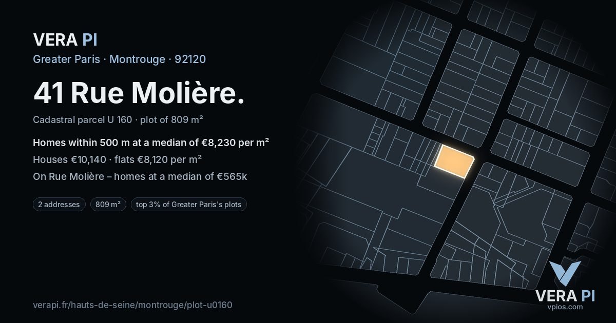 41 Rue Molière, Montrouge at night – the plot lit, the parcels around coloured by the prices near them