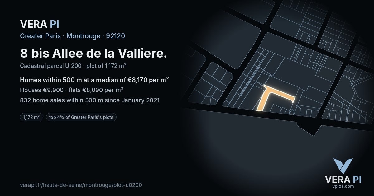 8 bis Allee de la Valliere, Montrouge at night – the plot lit, the parcels around coloured by the prices near them