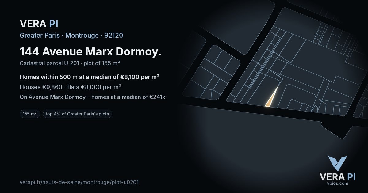 144 Avenue Marx Dormoy, Montrouge at night – the plot lit, the parcels around coloured by the prices near them