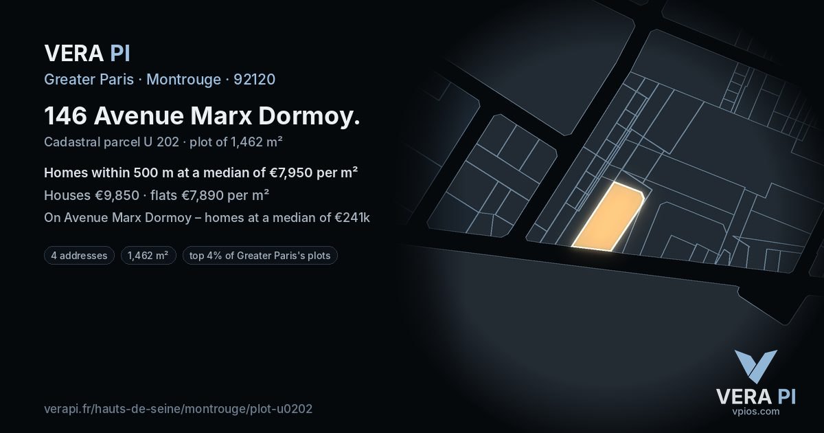 146 Avenue Marx Dormoy, Montrouge at night – the plot lit, the parcels around coloured by the prices near them