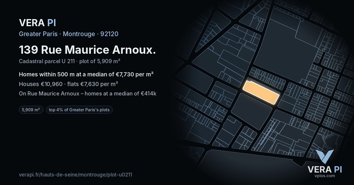 139 Rue Maurice Arnoux, Montrouge at night – the plot lit, the parcels around coloured by the prices near them