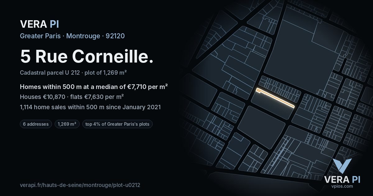 5 Rue Corneille, Montrouge at night – the plot lit, the parcels around coloured by the prices near them