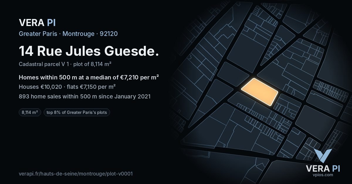 14 Rue Jules Guesde, Montrouge at night – the plot lit, the parcels around coloured by the prices near them