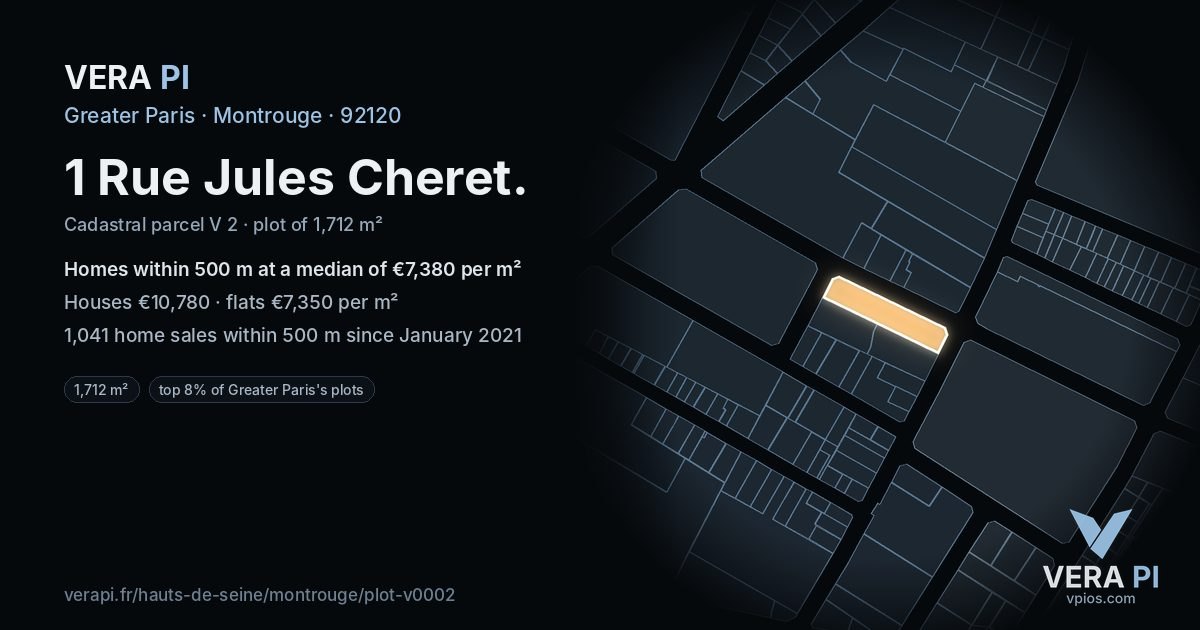 1 Rue Jules Cheret, Montrouge at night – the plot lit, the parcels around coloured by the prices near them