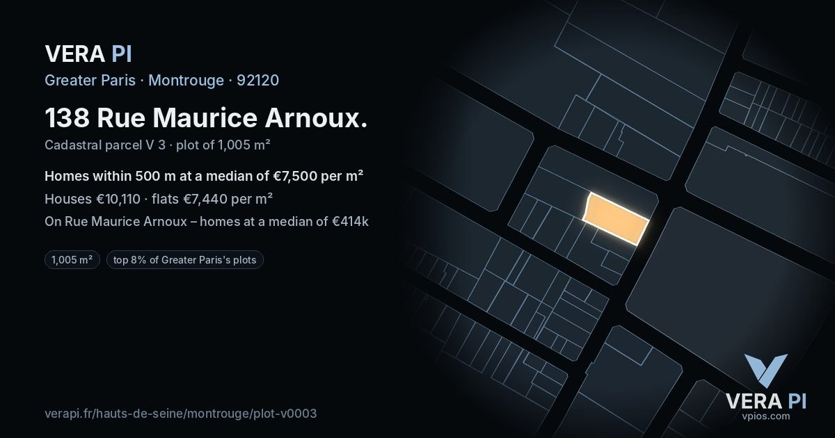 138 Rue Maurice Arnoux, Montrouge at night – the plot lit, the parcels around coloured by the prices near them
