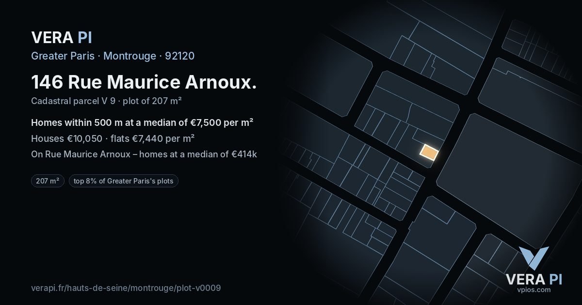 146 Rue Maurice Arnoux, Montrouge at night – the plot lit, the parcels around coloured by the prices near them