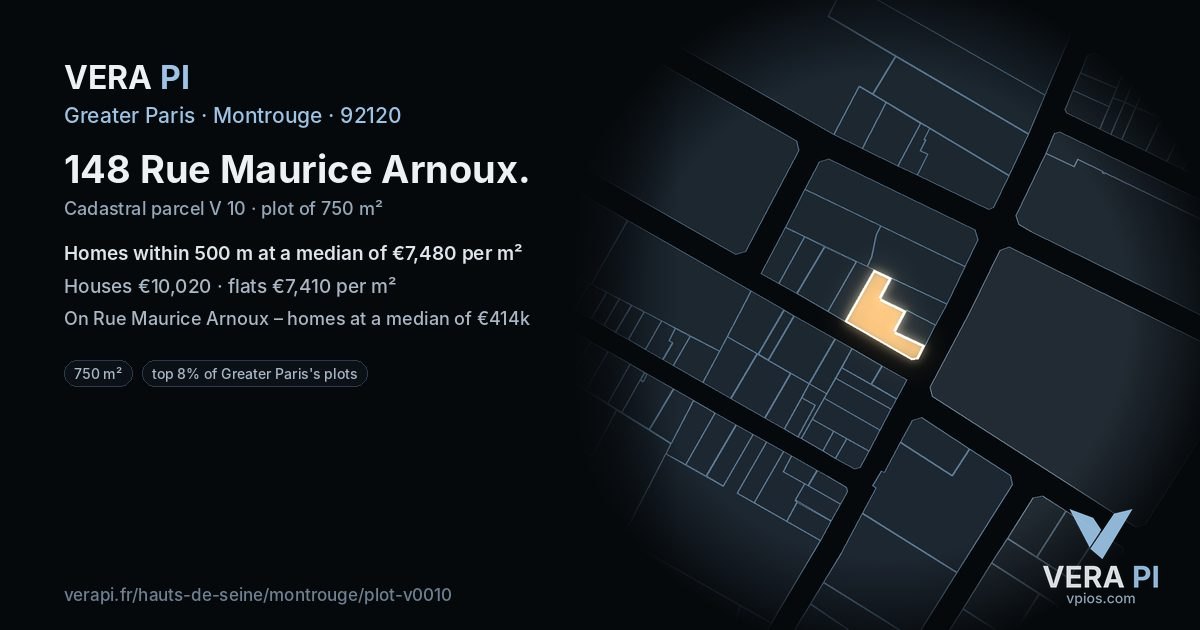 148 Rue Maurice Arnoux, Montrouge at night – the plot lit, the parcels around coloured by the prices near them