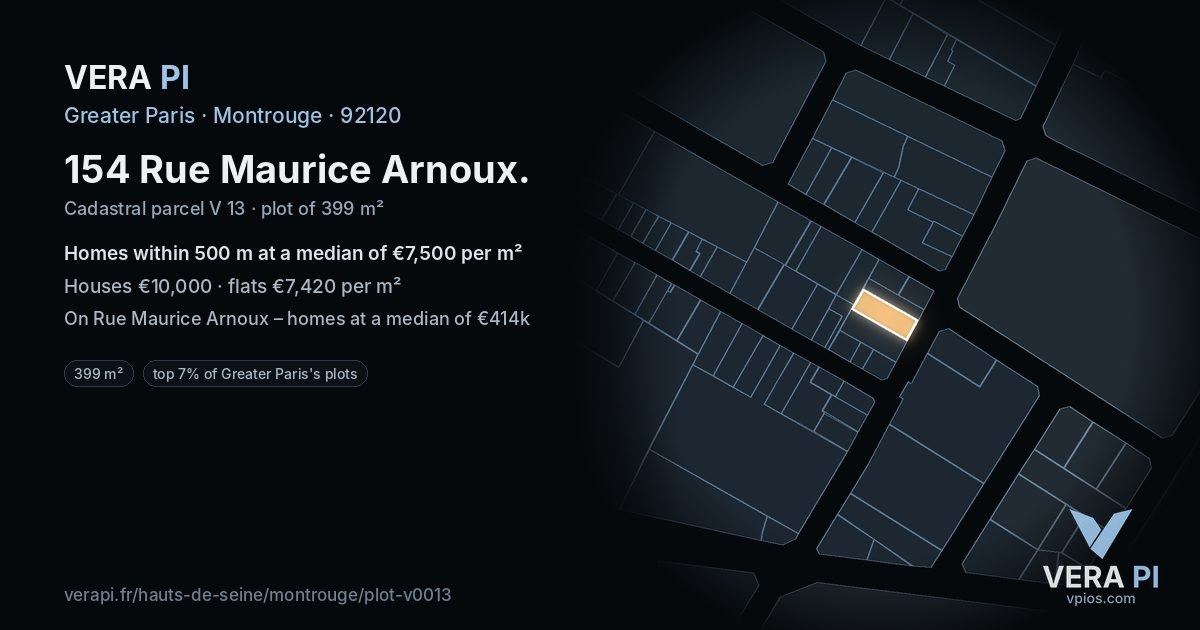 154 Rue Maurice Arnoux, Montrouge at night – the plot lit, the parcels around coloured by the prices near them